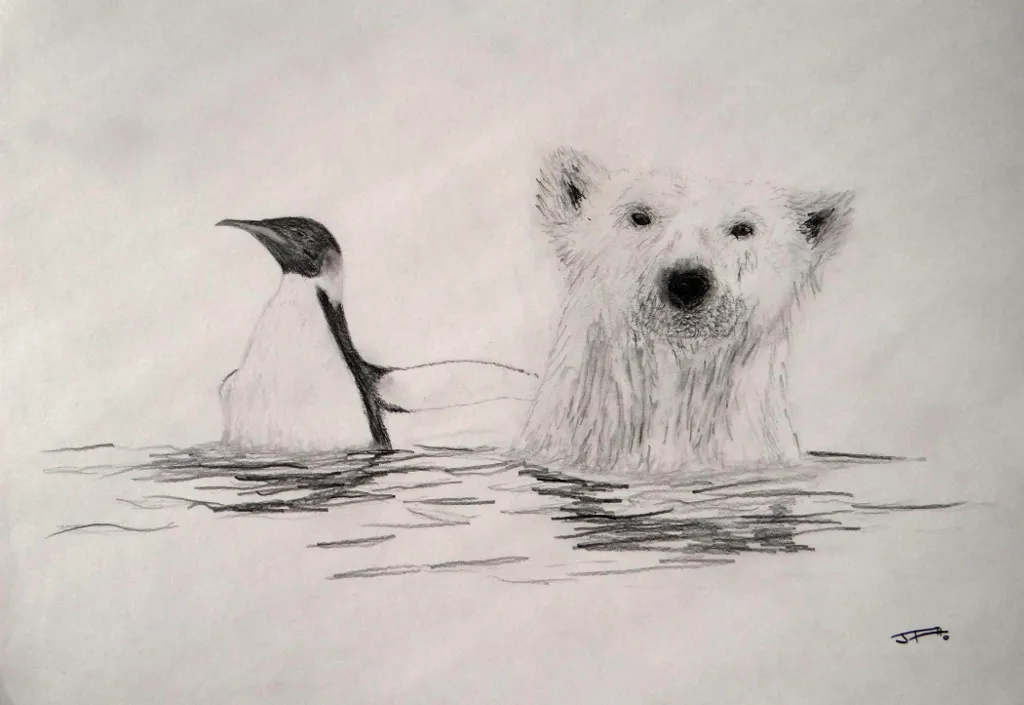 Un pingüino emperador con un oso polar