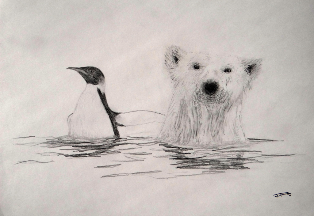 Un pingüino emperador con un oso polar